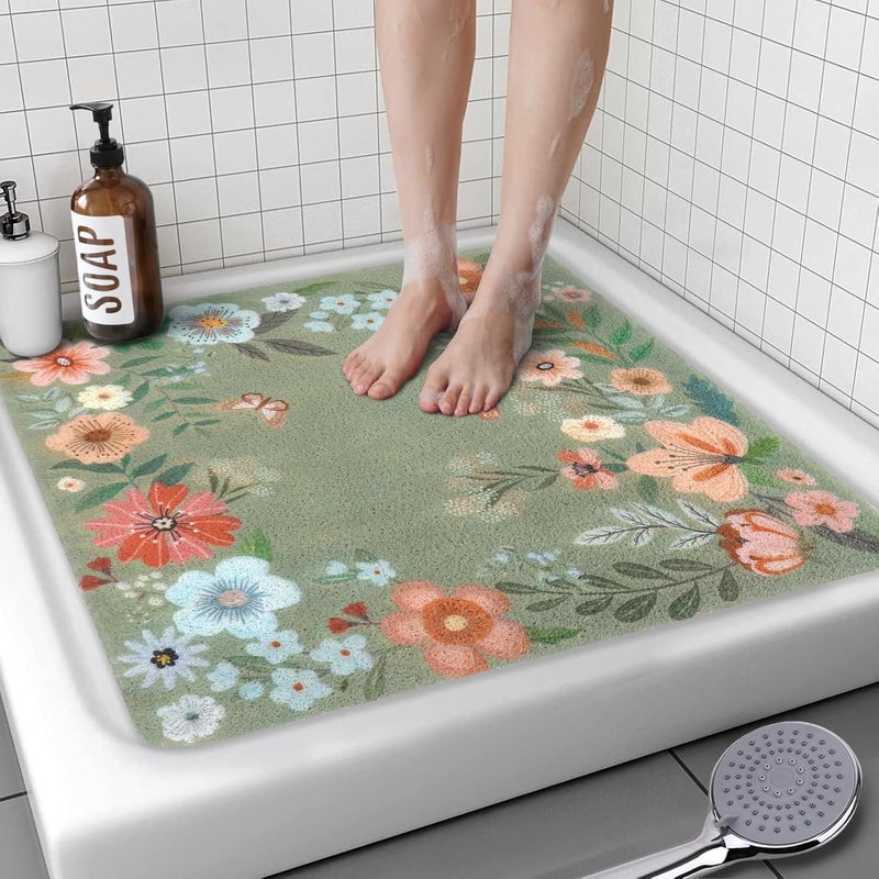 aquoechd Square Shower Mat, 24 x 24 Inch Non Slip Flower Shower Stall Mat, Quick-Dry PVC Loofah Bath Mat for Shower Tub Bathroom - Image 1
